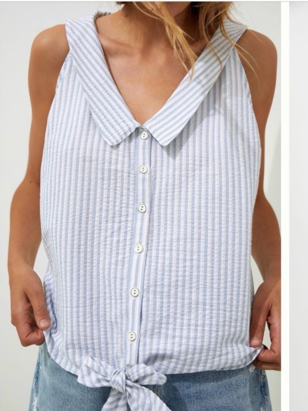 Pilcro Anthropologie Sleeveless Tie Front Top Blue White Stripe Pockets S